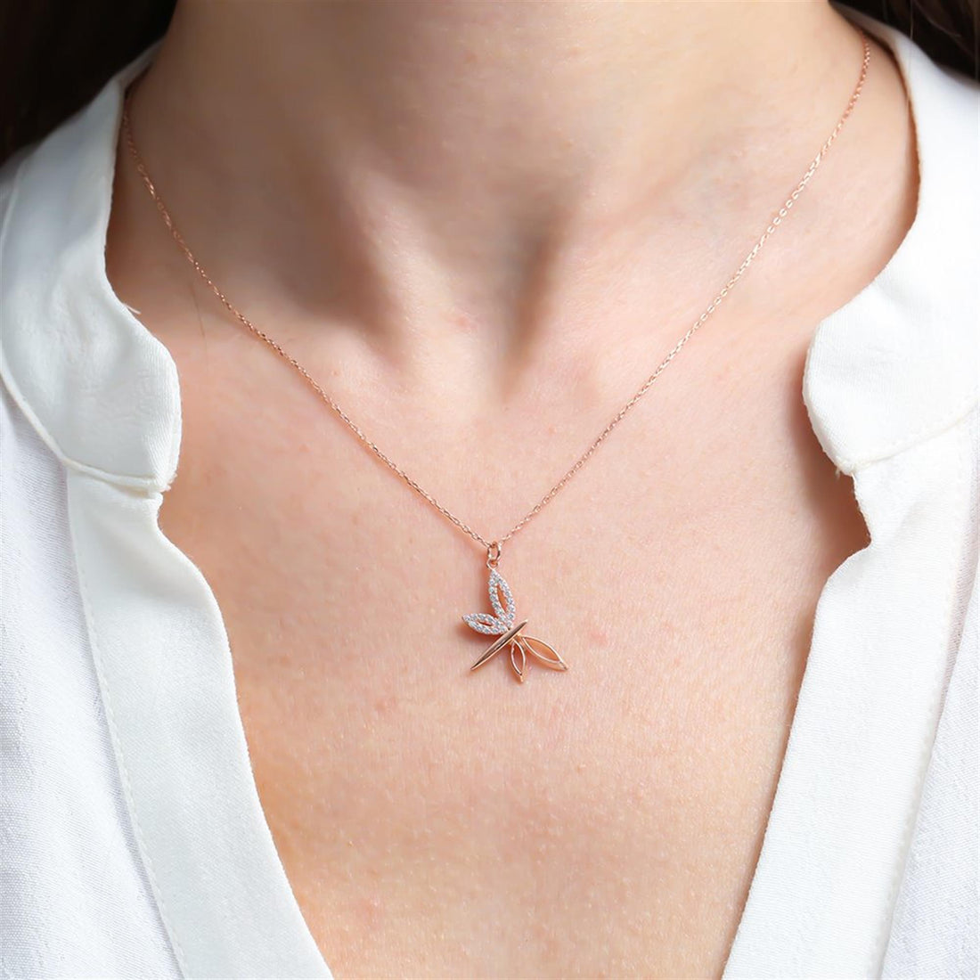 Sparkling Crystal Dragonfly Necklace In Rose Gold