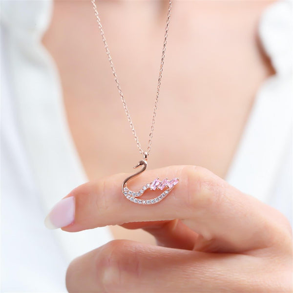 Pink Baguette Sparkling Swan Necklace In Rose Gold