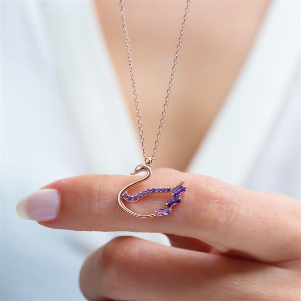 Purple Baguette Sparkling Swan Necklace In Rose Gold