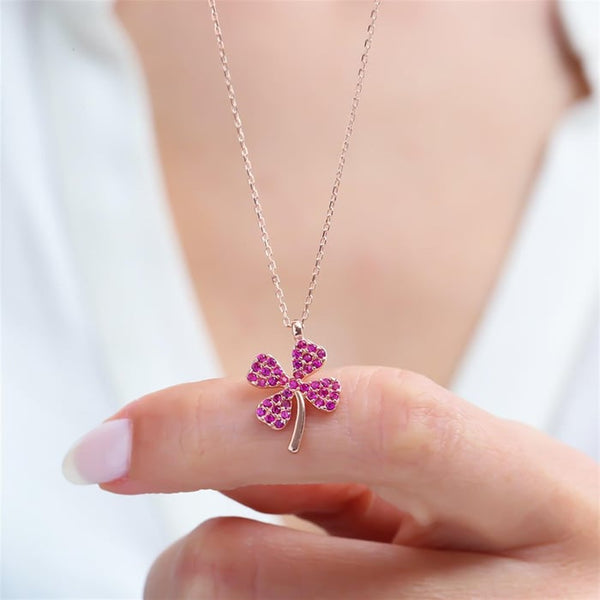 Fuchsia Clover Sparkle Necklace In Rose Gold