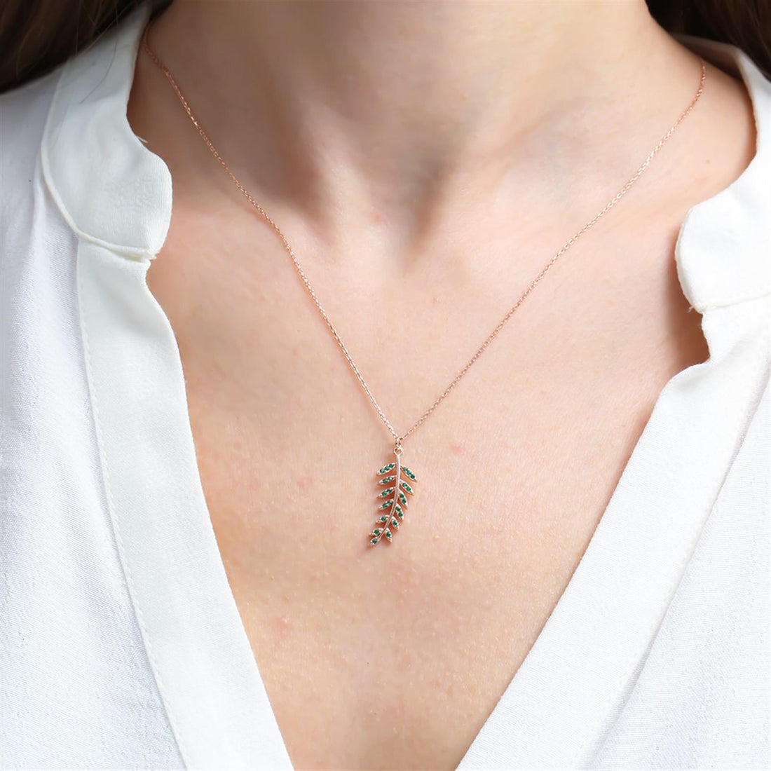 Emerald Laurel Leaf Necklace In Rose Gold