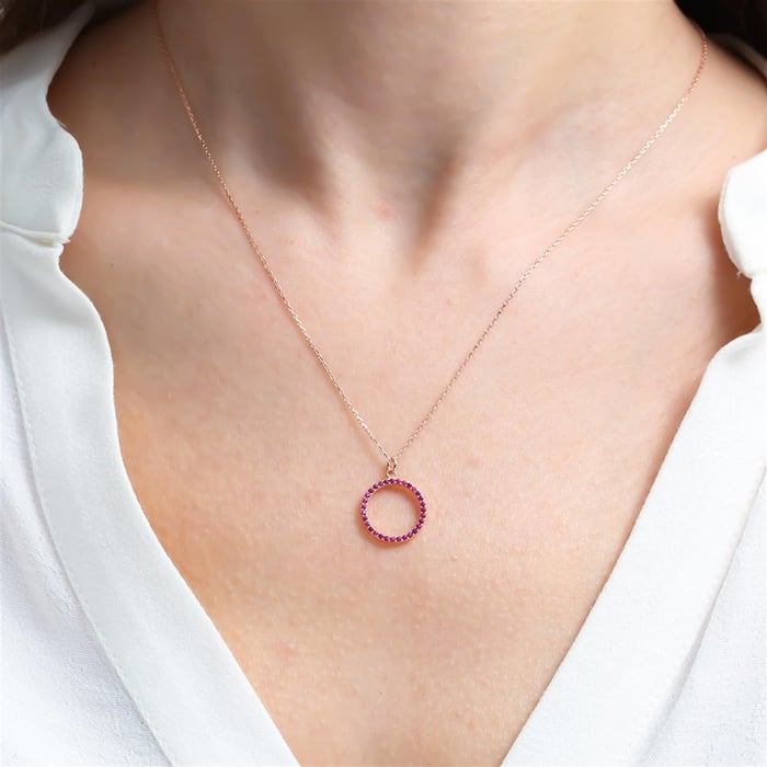 Fuchsia Halo Circle Necklace In Rose Gold