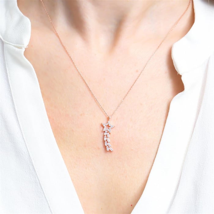 Crystal Shooting-Star Trail Necklace In Rose Gold
