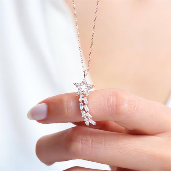 Crystal Shooting-Star Trail Necklace In Rose Gold