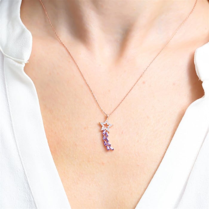 Lavender Shooting-Star Trail Necklace In Rose Gold