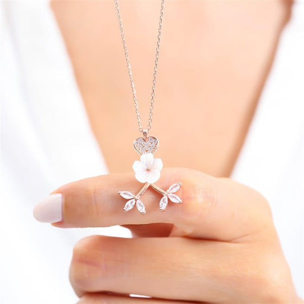 Sparkling Magnolia Flower Heart Necklace In Rose Gold