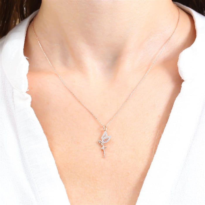 Sparkling Winged Fairy Necklace In Rose Gold