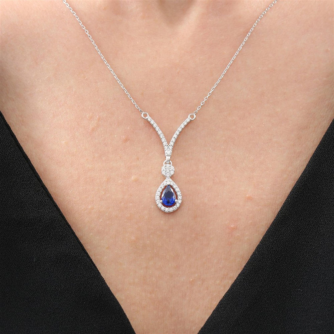 Sapphire Grace Drop Necklace In Silver