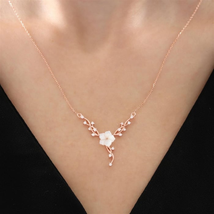 Magnolia and Ivy Flower Necklace In Rose Gold