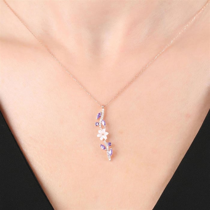Purple Magnolia Flower Vine Necklace In Rose Gold