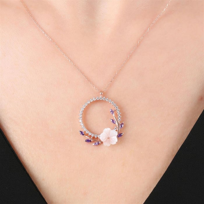 Amethyst Magnolia Flower Crown Necklace In Rose Gold