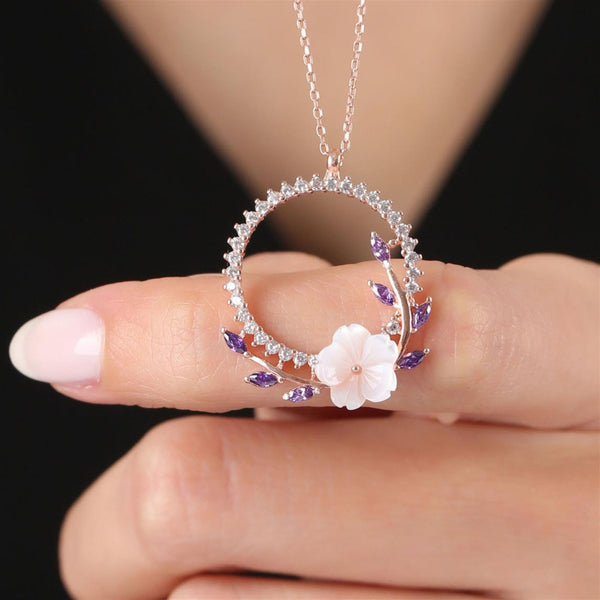 Amethyst Magnolia Flower Crown Necklace In Rose Gold