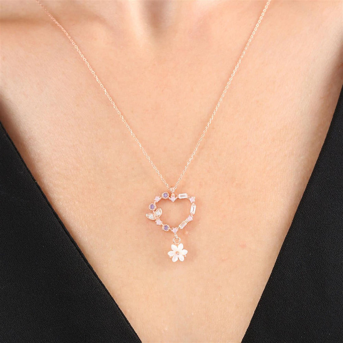 Magnolia Flower Heart Drop Necklace In Rose Gold