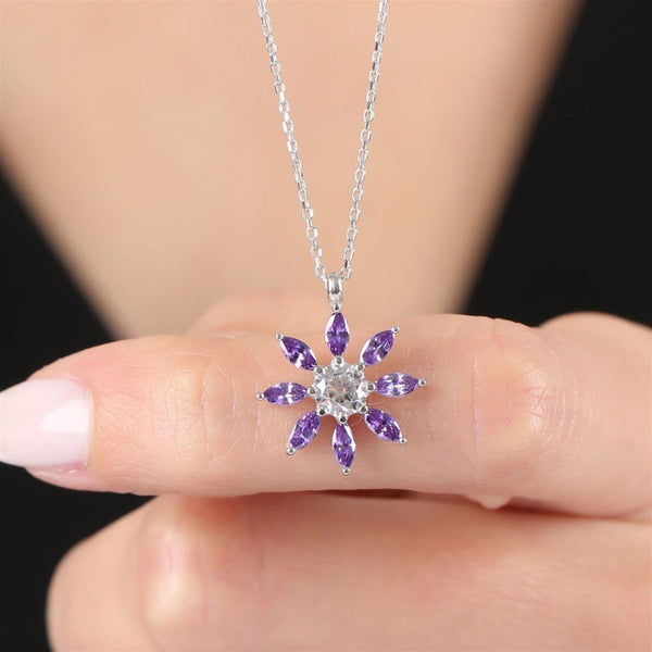 Amethyst Purple Sunburst Necklace In Silver