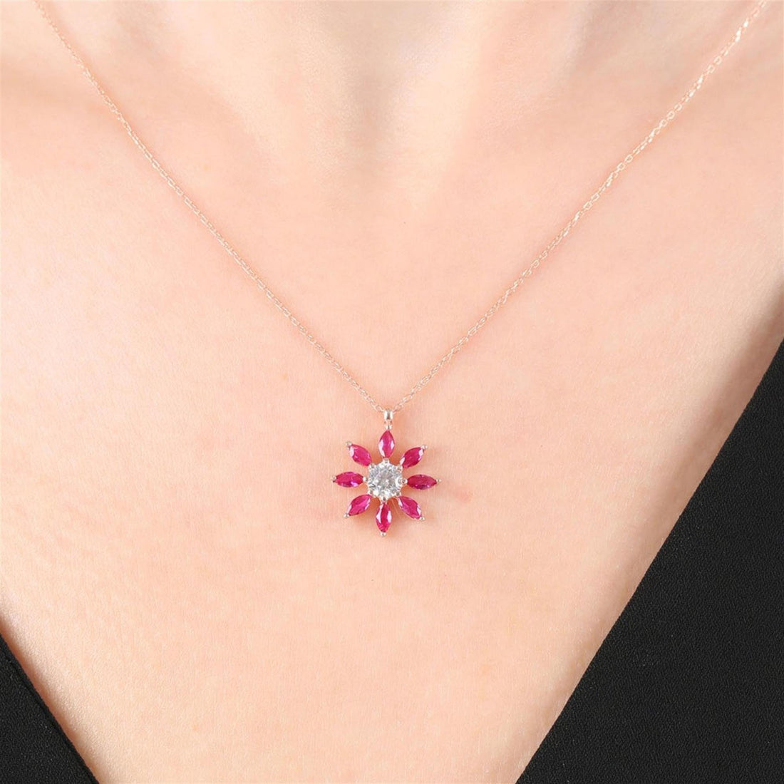Pink Sunburst Necklace In Silver