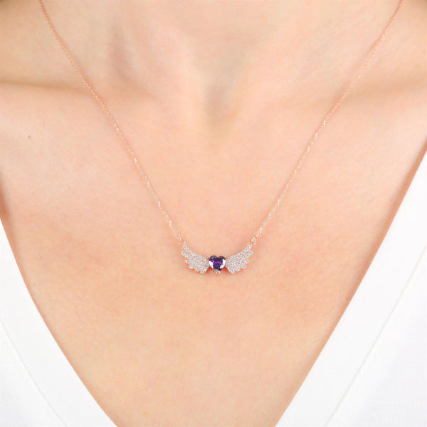 Amethyst Angel Wing Heart Necklace In Rose Gold