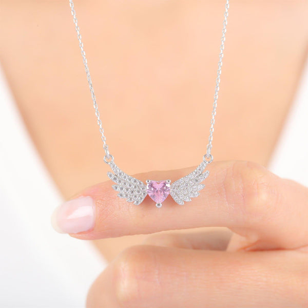 Pink Angel Wing Heart Necklace In Silver