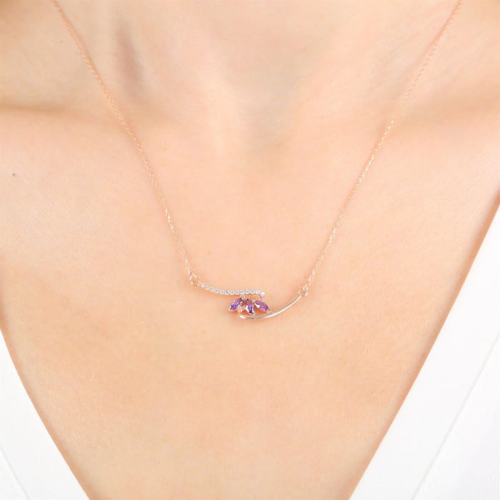 Purple Tria Loop Necklace In Rose Gold