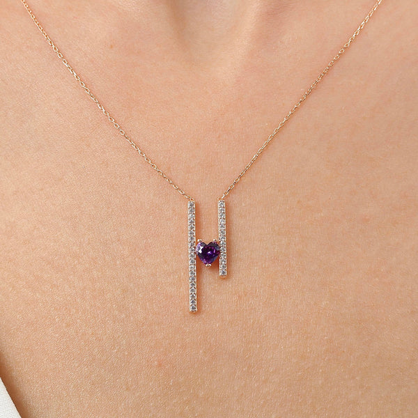 Amethyst Heart Bar Necklace In Rose Gold