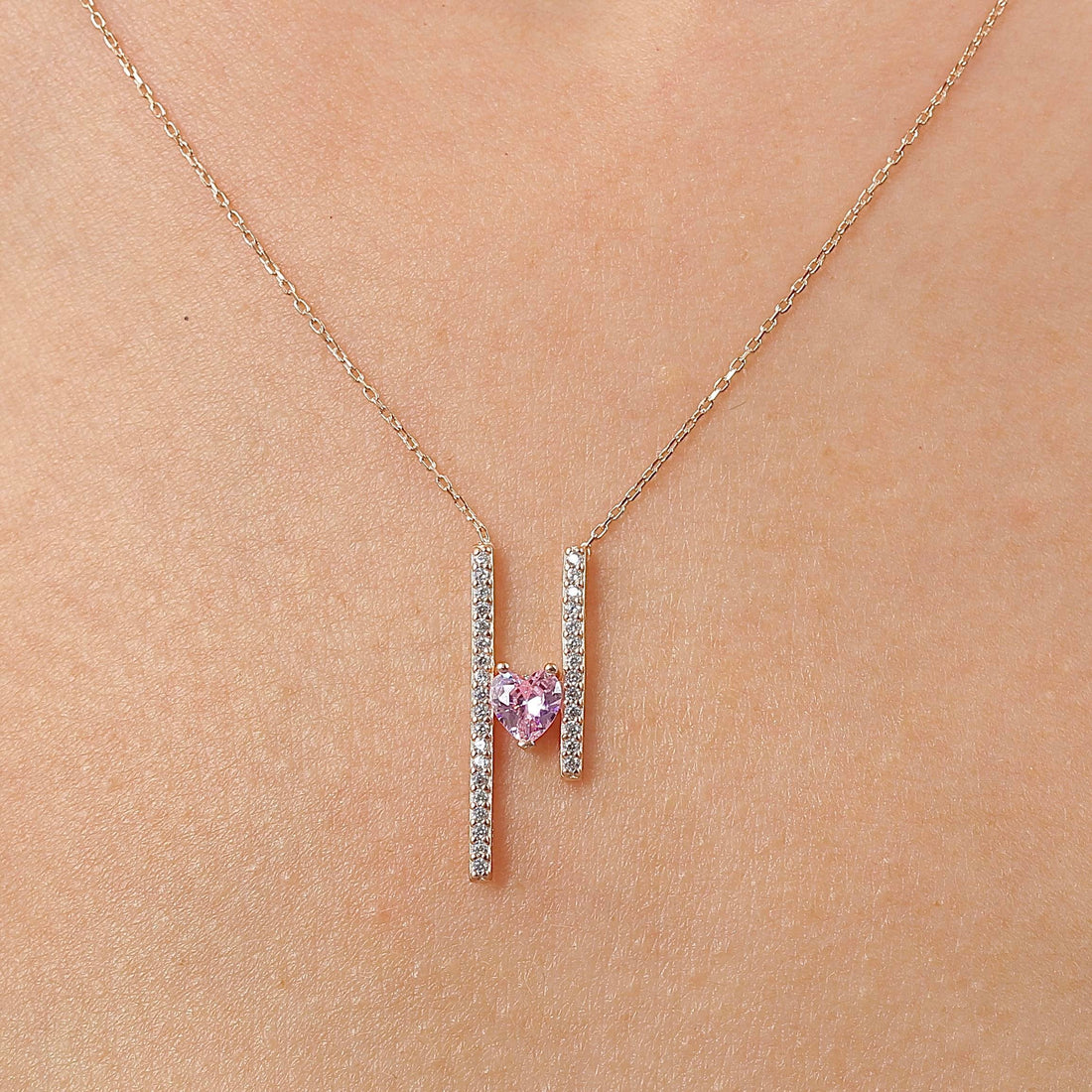 Pink-Heart Path Bar Necklace In Rose Gold