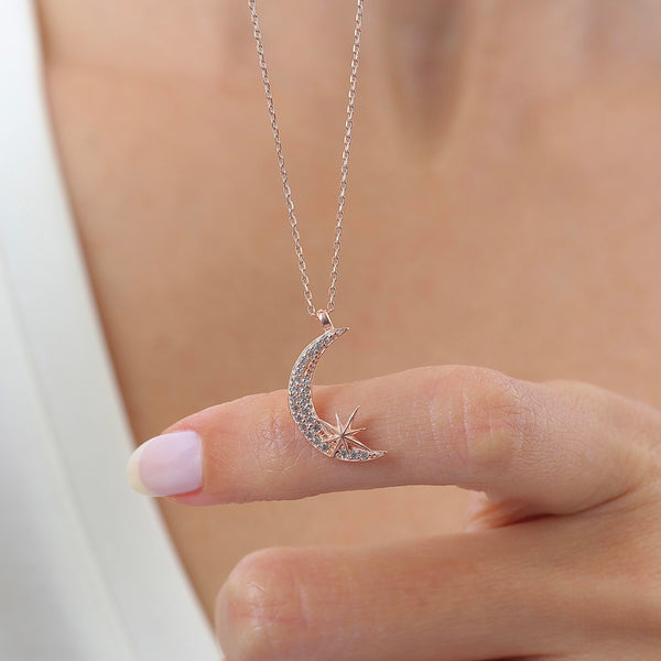 Sparkling Crescent & Star Necklace In Rose Gold