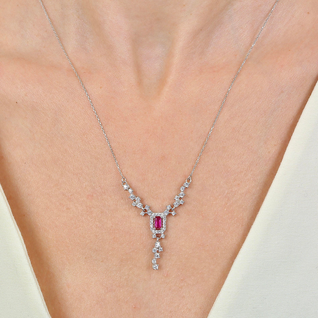 Ruby Halo Cascade Necklace In Silver