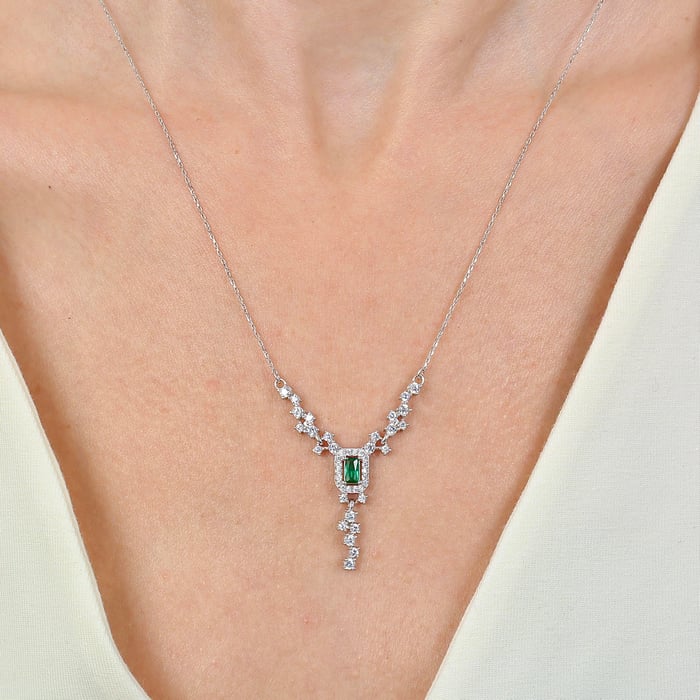 Emerald Halo Cascade Necklace In Silver