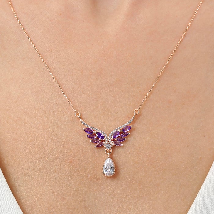 Amethyst Angel‑Wing Teardrop Necklace In Rose Gold