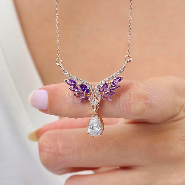 Amethyst Angel‑Wing Teardrop Necklace In Rose Gold