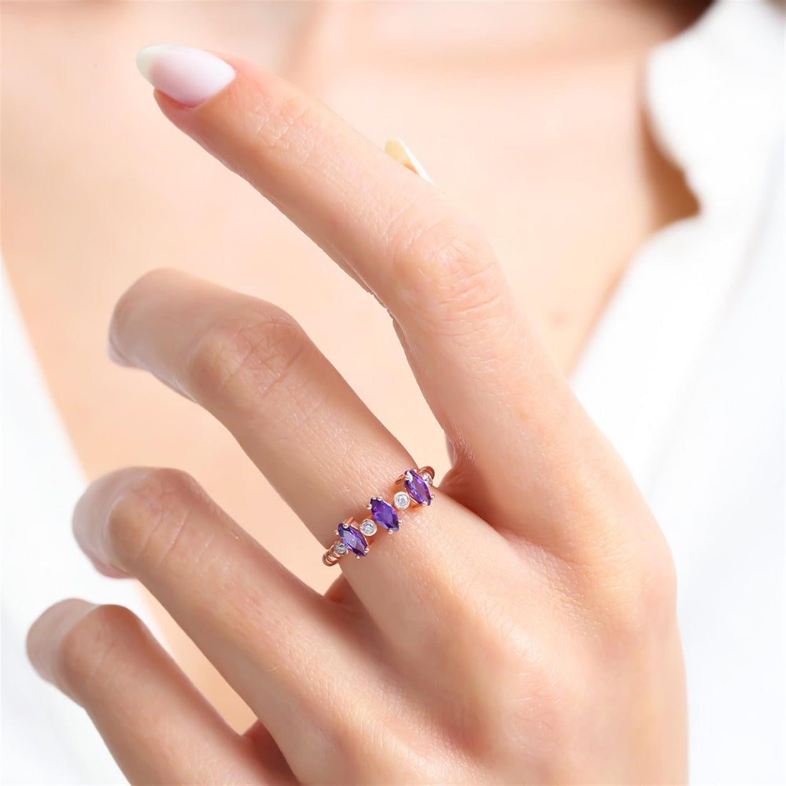Amethyst Shuttle Band Ring in Rose Gold
