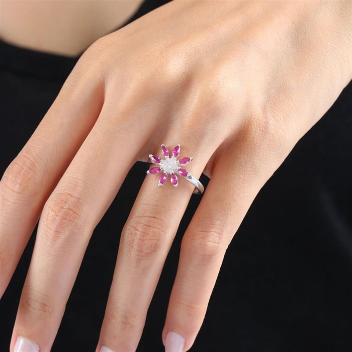 Pink Sunburst Bloom Silver Ring