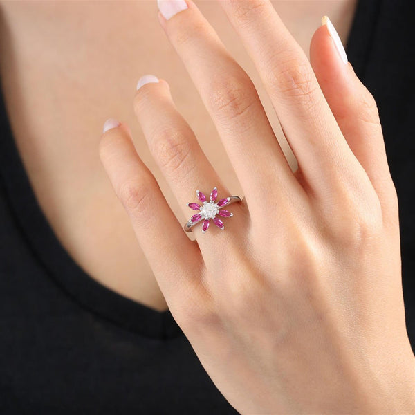 Pink Sunburst Bloom Silver Ring