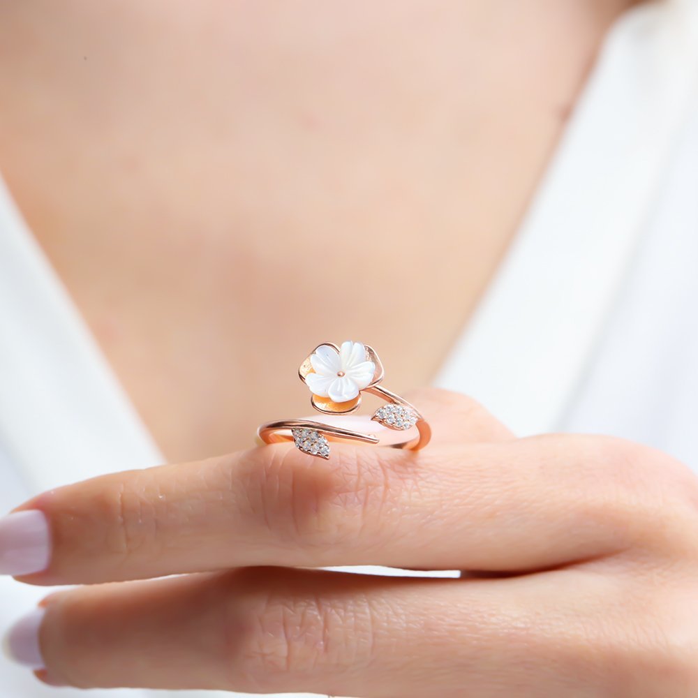 Magnolia Blossom Leaf Wrap Silver Ring