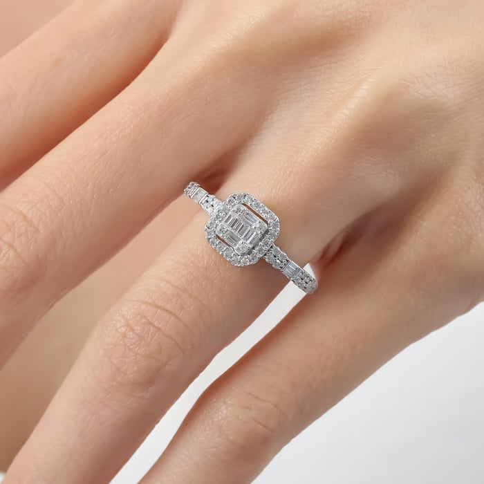 Art-Deco Baguette Halo Silver Ring