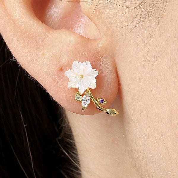 Magnolia Flower Vine Stud Earrings In Gold