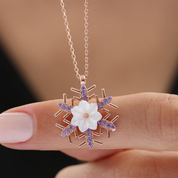 Snowflake Amethyst Magnolia Pendant in Rose Gold