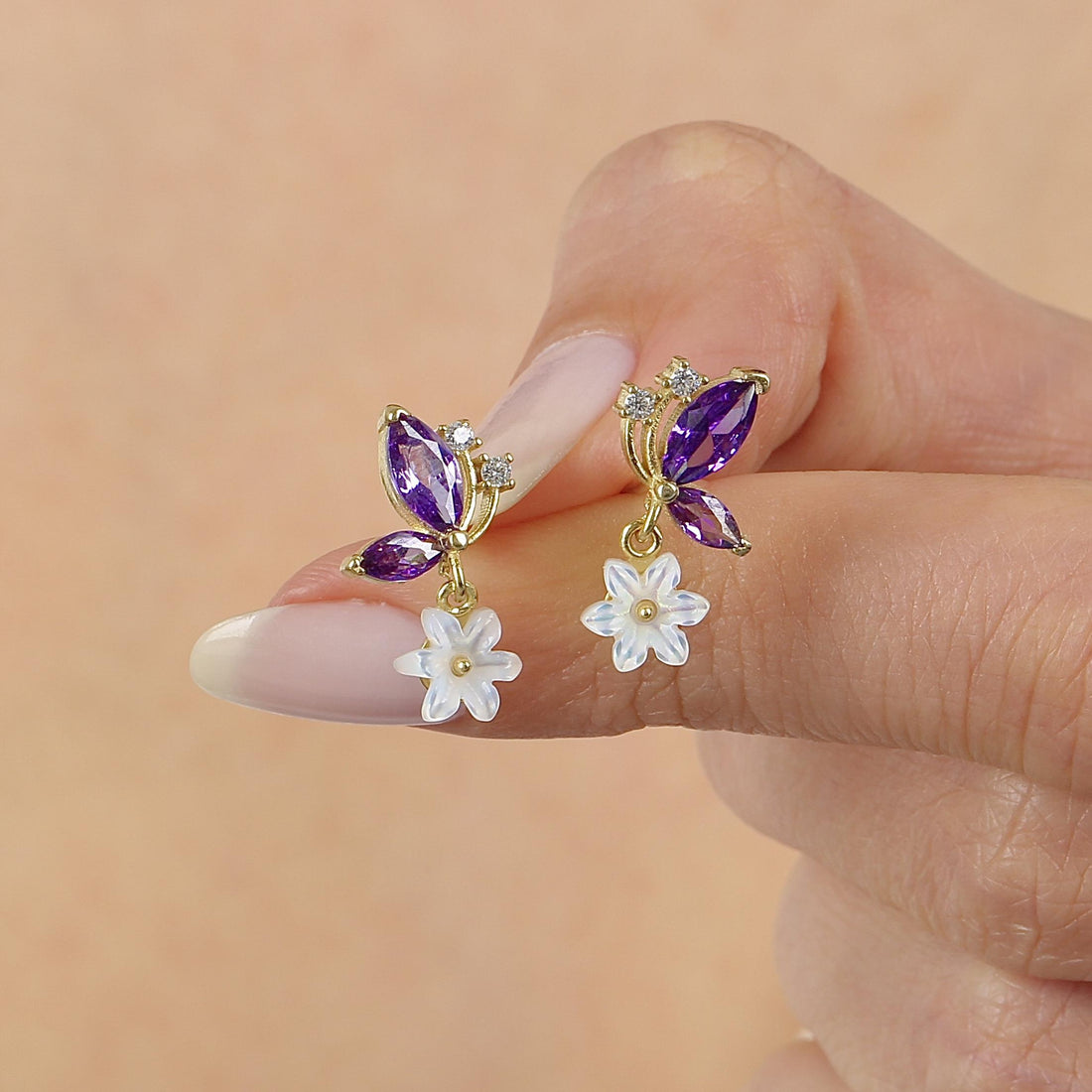 Lavender Magnolia Flutter Drop Earrings In Gold