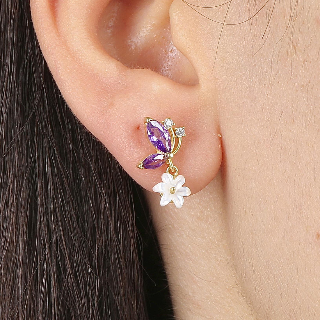 Lavender Magnolia Flutter Drop Earrings In Gold