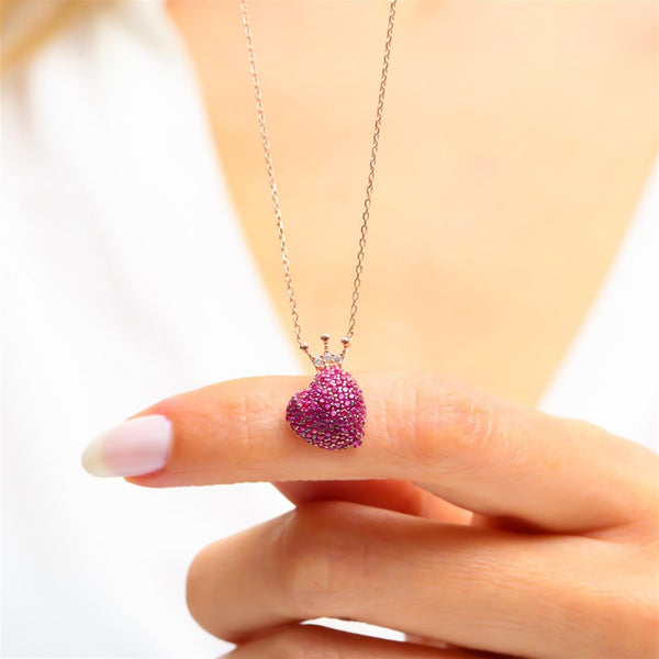 Royal Crown Heart Necklace in Rose Gold