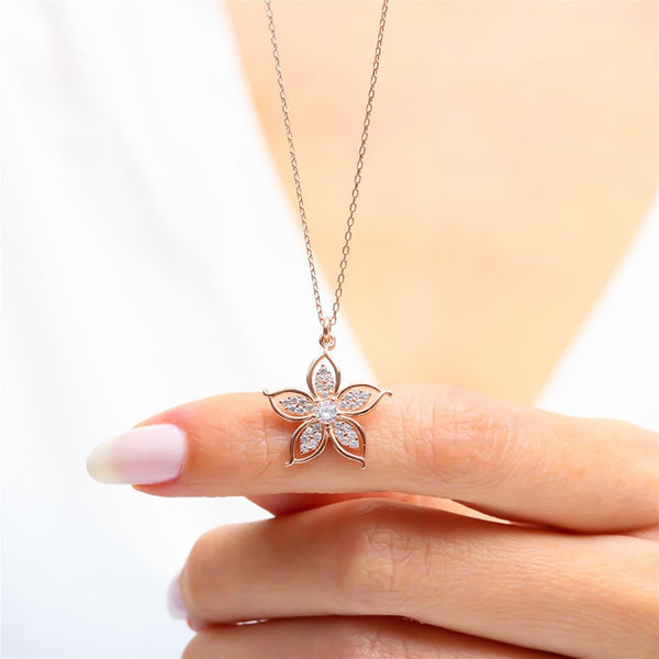 Crystal Bloom Flower Necklace In Rose Gold