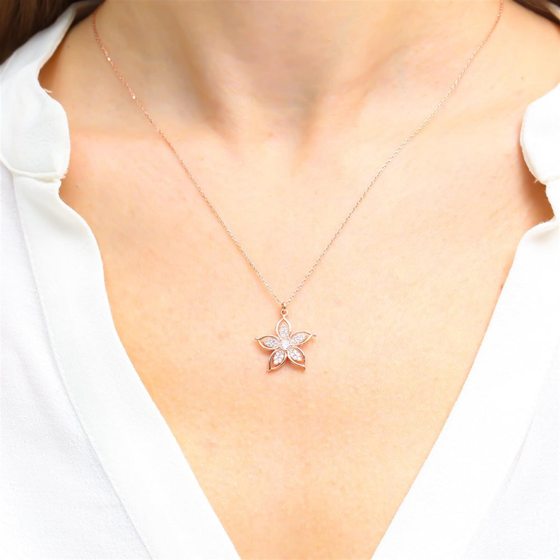 Crystal Bloom Flower Necklace In Rose Gold