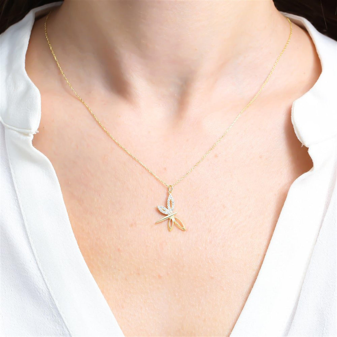 Sparkling Crystal Dragonfly Necklace In Gold