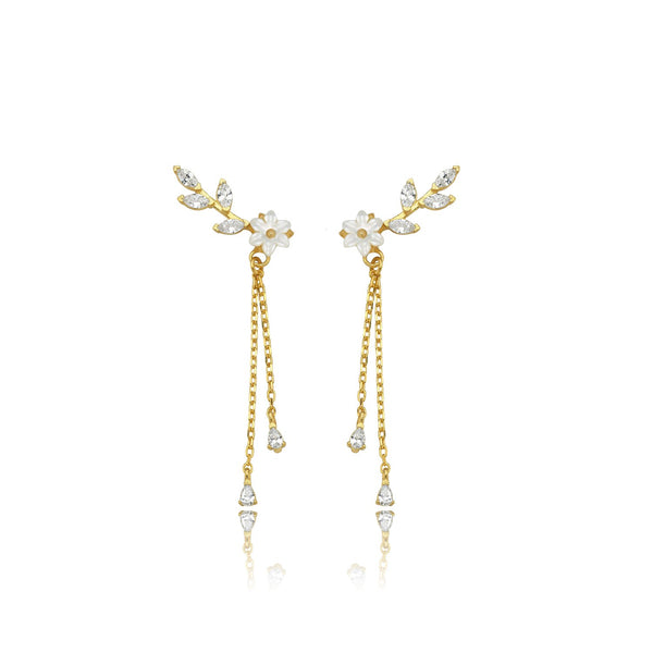 Magnolia Flower Vine Drop Earrings In Gold