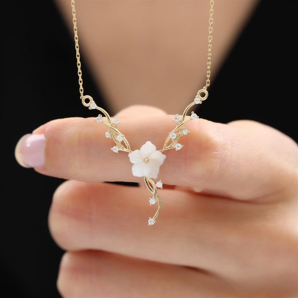 Magnolia and Ivy Flower Necklace In Gold