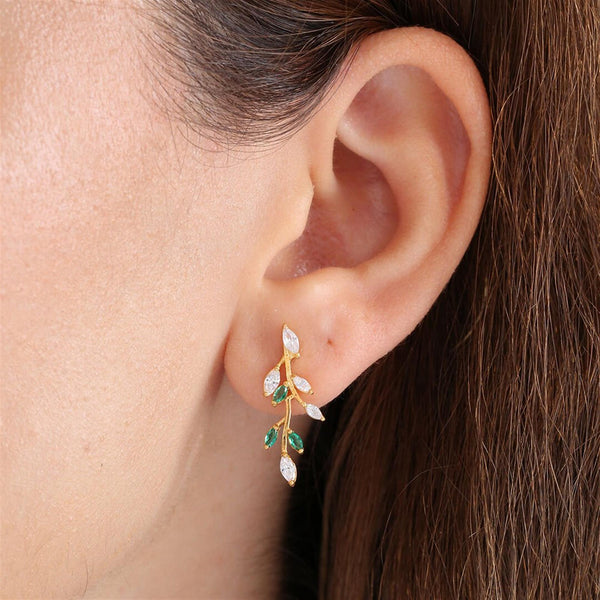 Emerald Laurel Climber Earrings In Gold