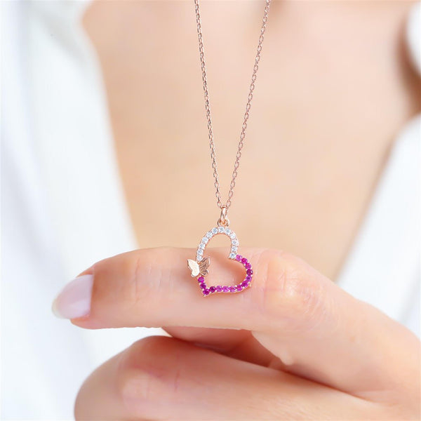 Fuschia Crystal Heart & Butterfly Necklace in Rose Gold