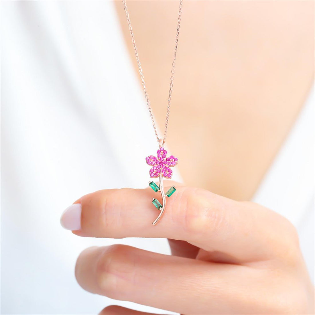 Fuschia Bloom Stem Necklace in Rose Gold